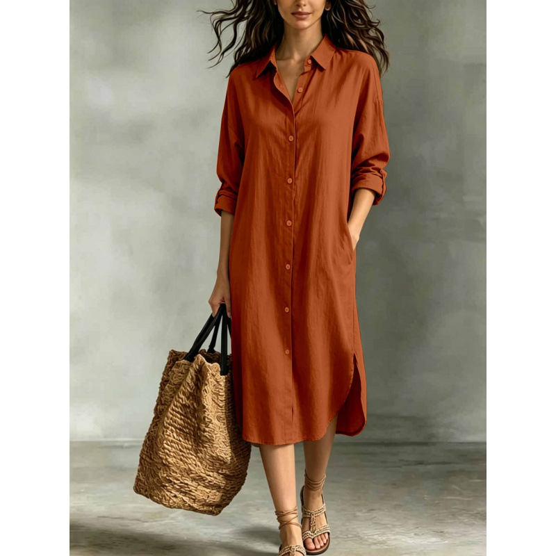 Women's Loose Cotton-Linen Shirt Dress with Pockets