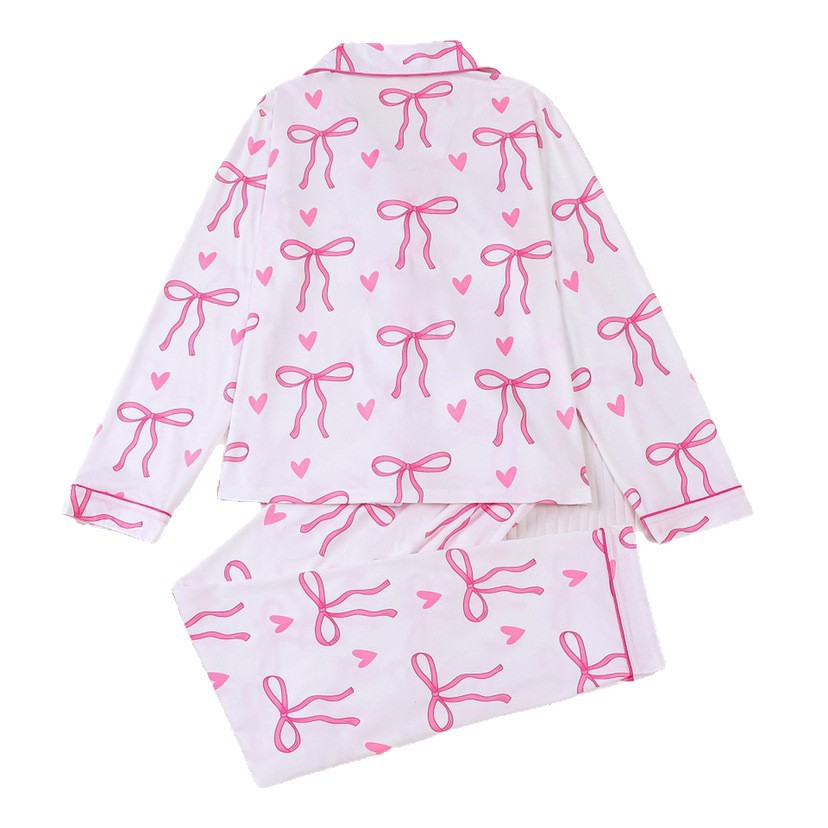 Cuban Collar Ribbon Bow Print Long Sleeve Women's Set