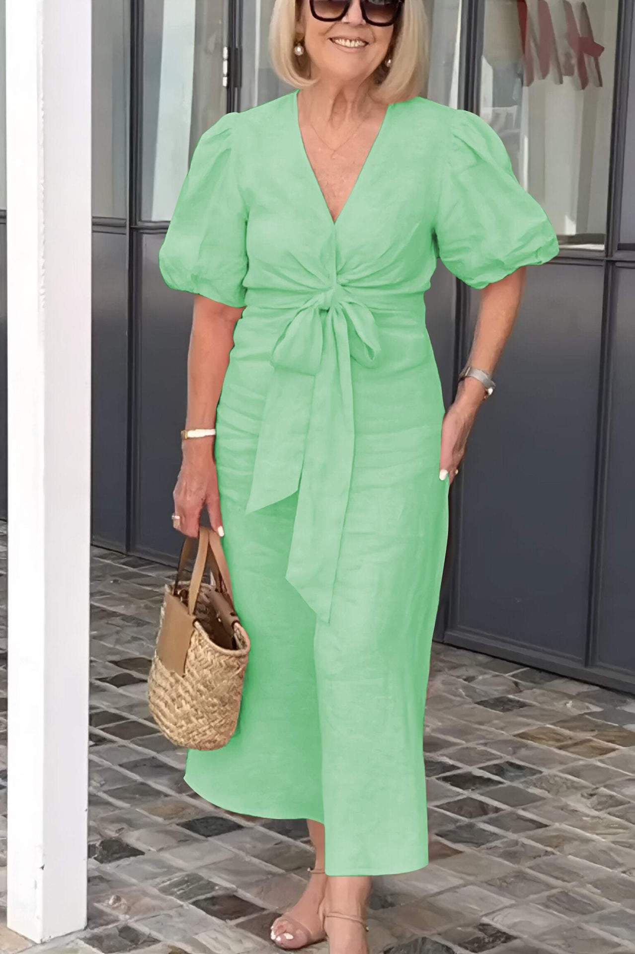 V-Neck Tie-Front Bubble Sleeve Cotton Dress