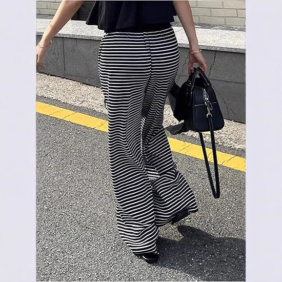 Black and White Striped High-Waist Straight-Leg Knit Wide-Leg Pants