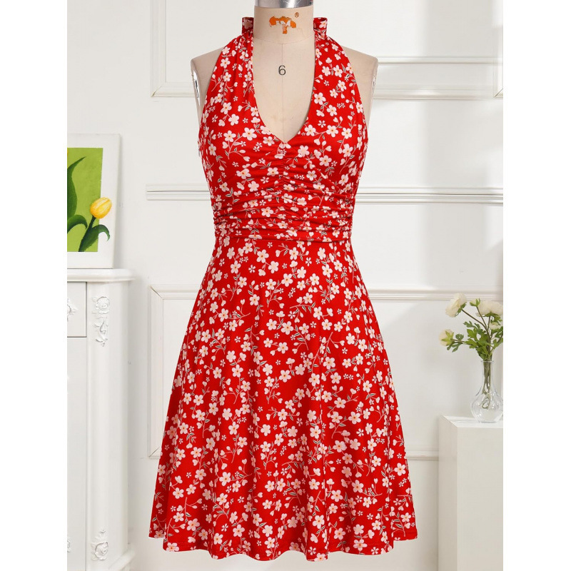Women's Floral Halter V-Neck A-Line Short Dress