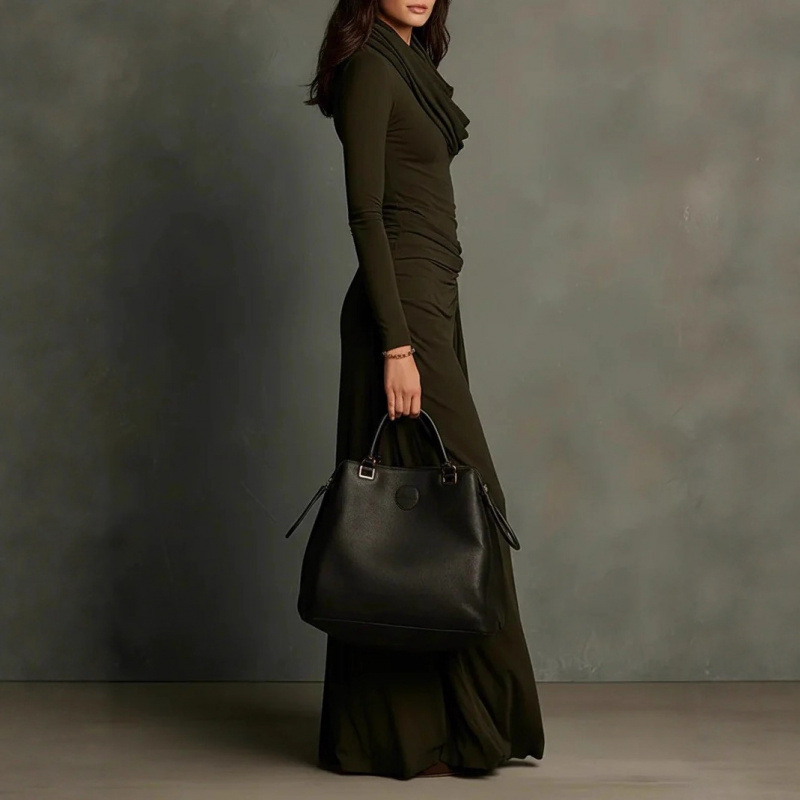 Elegant Ruched Cowl Neck Slim Fit Long Sleeve Dress