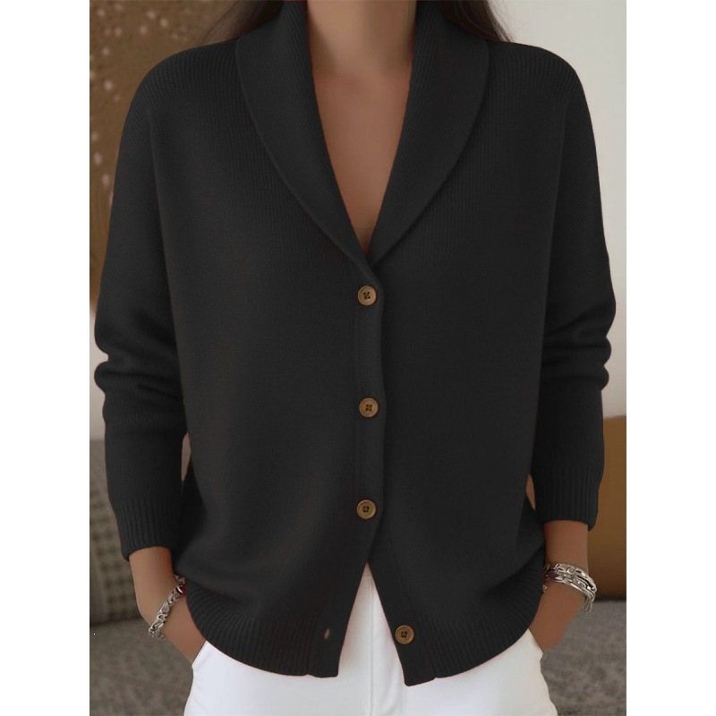 Women's Soft Knit Cardigan Loose Lazy Style Collared Button-Down Long Sleeve Solid Color