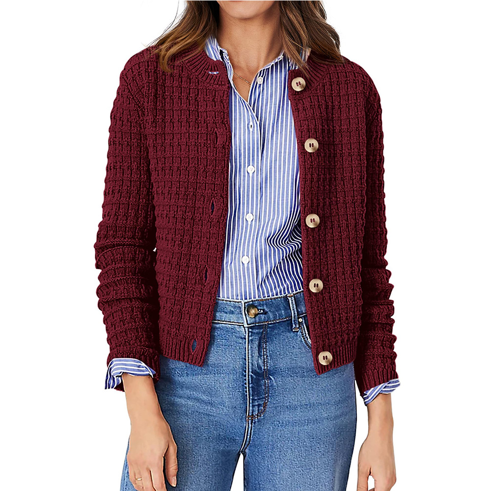 Women's Solid Color Crewneck Knit Cardigan Sweater