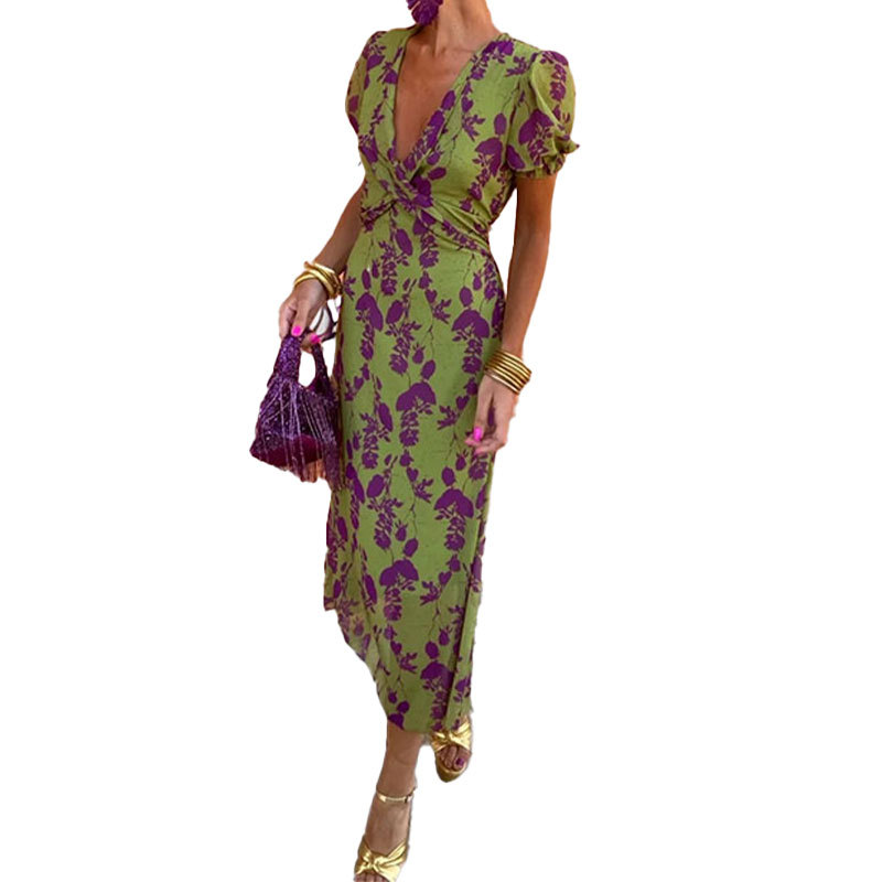 Floral Print V-Neck Ruched Waist Slim Fit Midi Dress