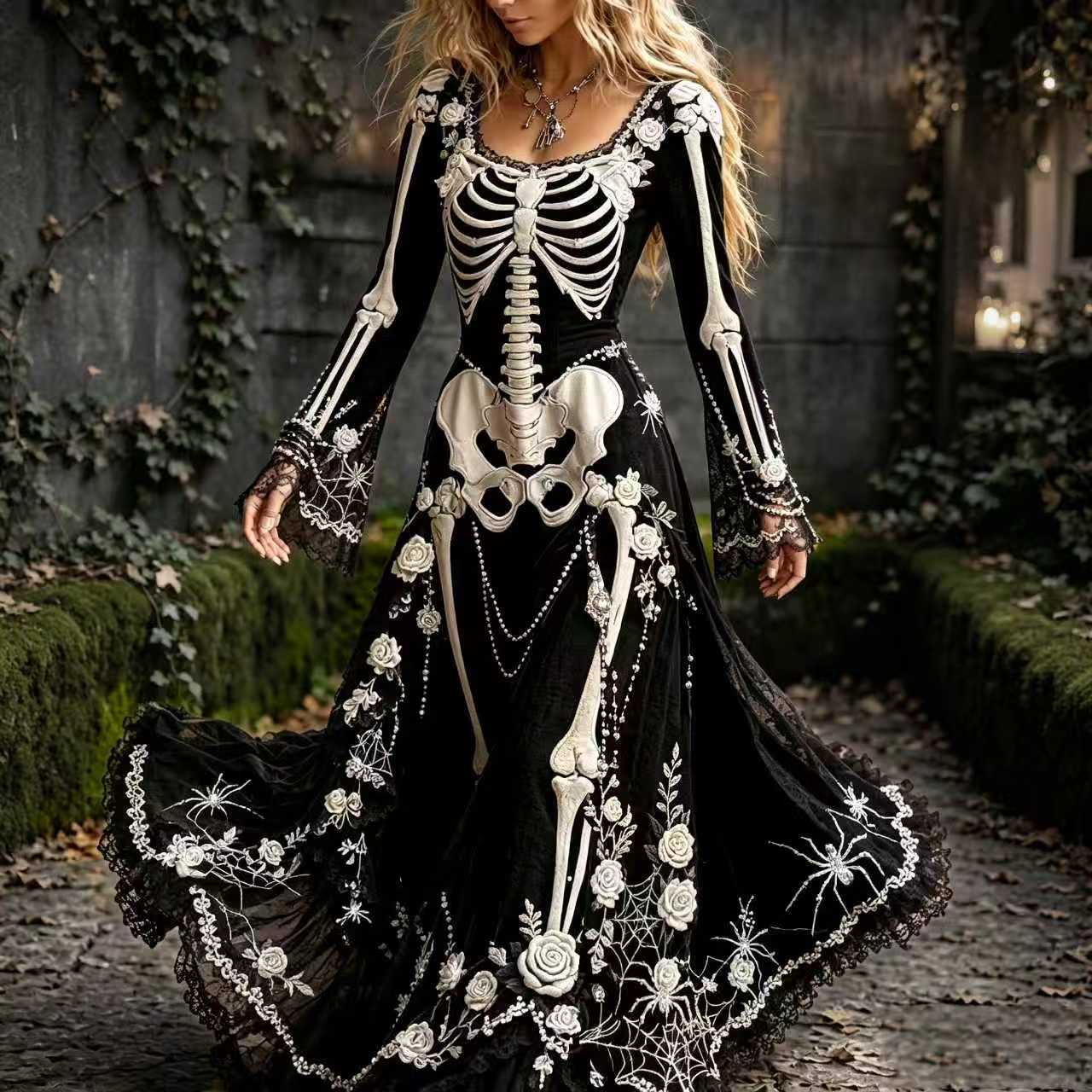 Court-Style Long-Sleeve Flared-Sleeve Maxi Dress with Fun Full Skirt