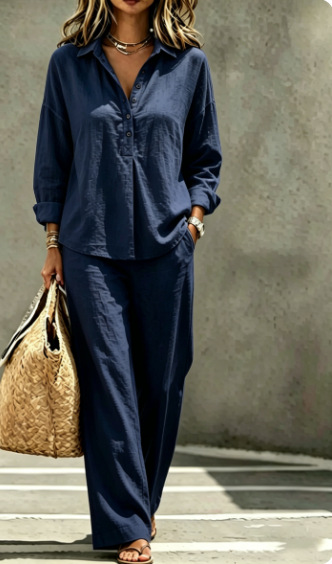 Women's French Casual Half-Button Long-Sleeve Shirt & Wide-Leg Pants Set