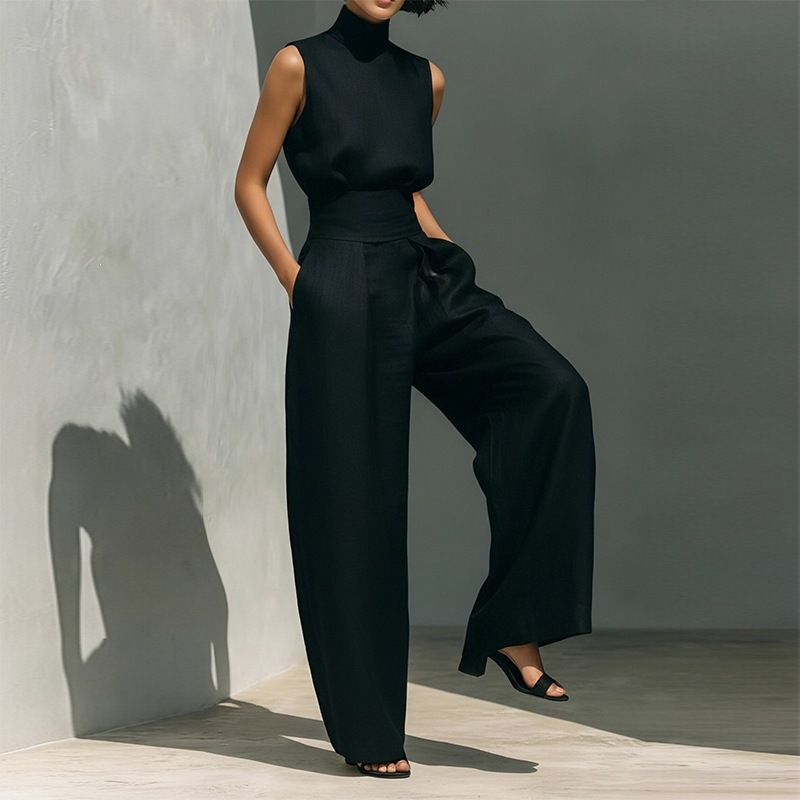 Women's Sleeveless High Neck Top and Straight Leg Pants Casual Set