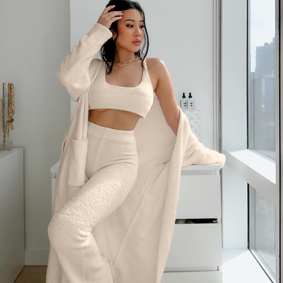 Women's Plush Tie-Belt Long Three-Piece Loungewear Set with Robe and Pants