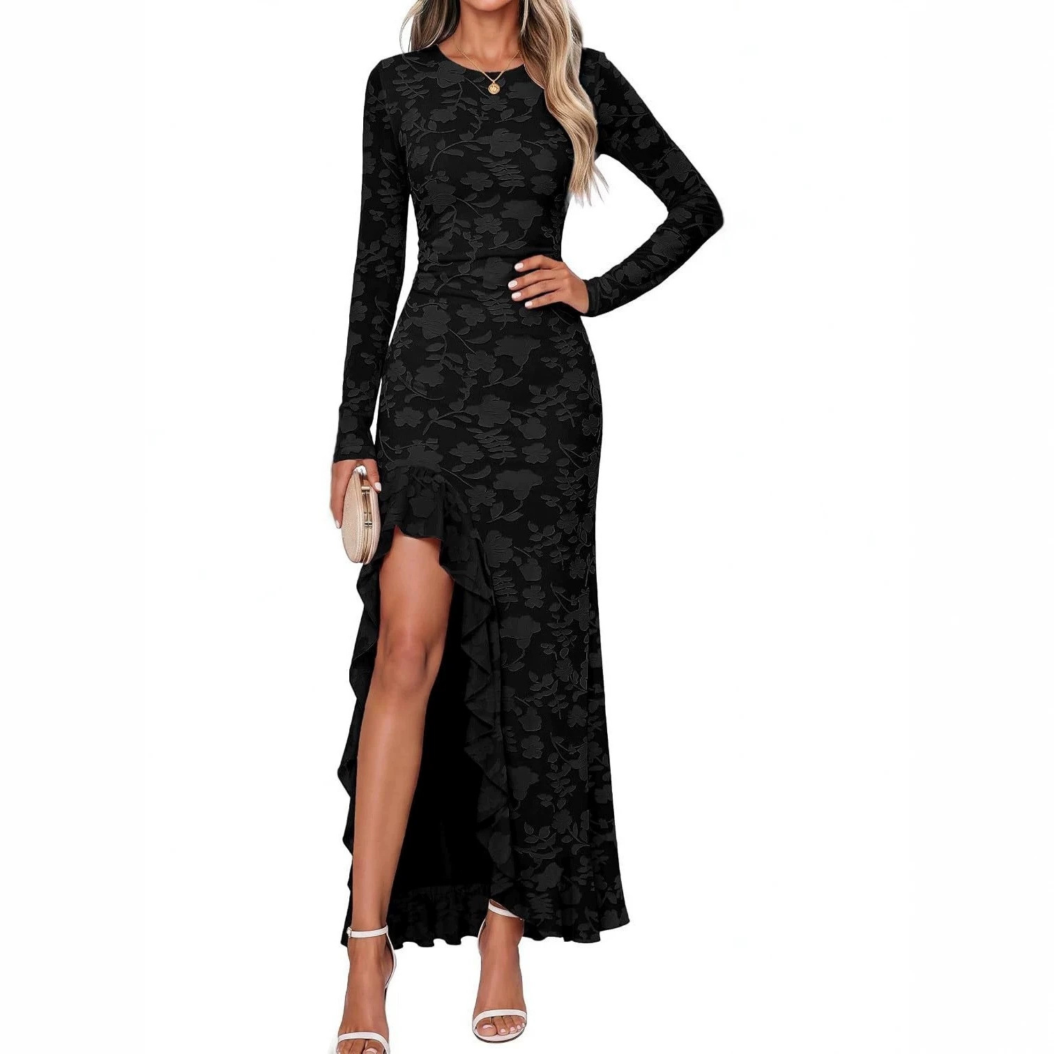 Women's Long Sleeve Round Neck Solid Color Slim Fit Split Dress