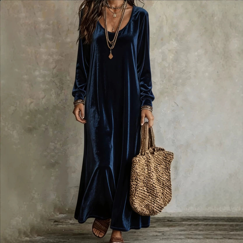 Solid Crewneck Long Sleeve Loose Casual A-Line Maxi Dress