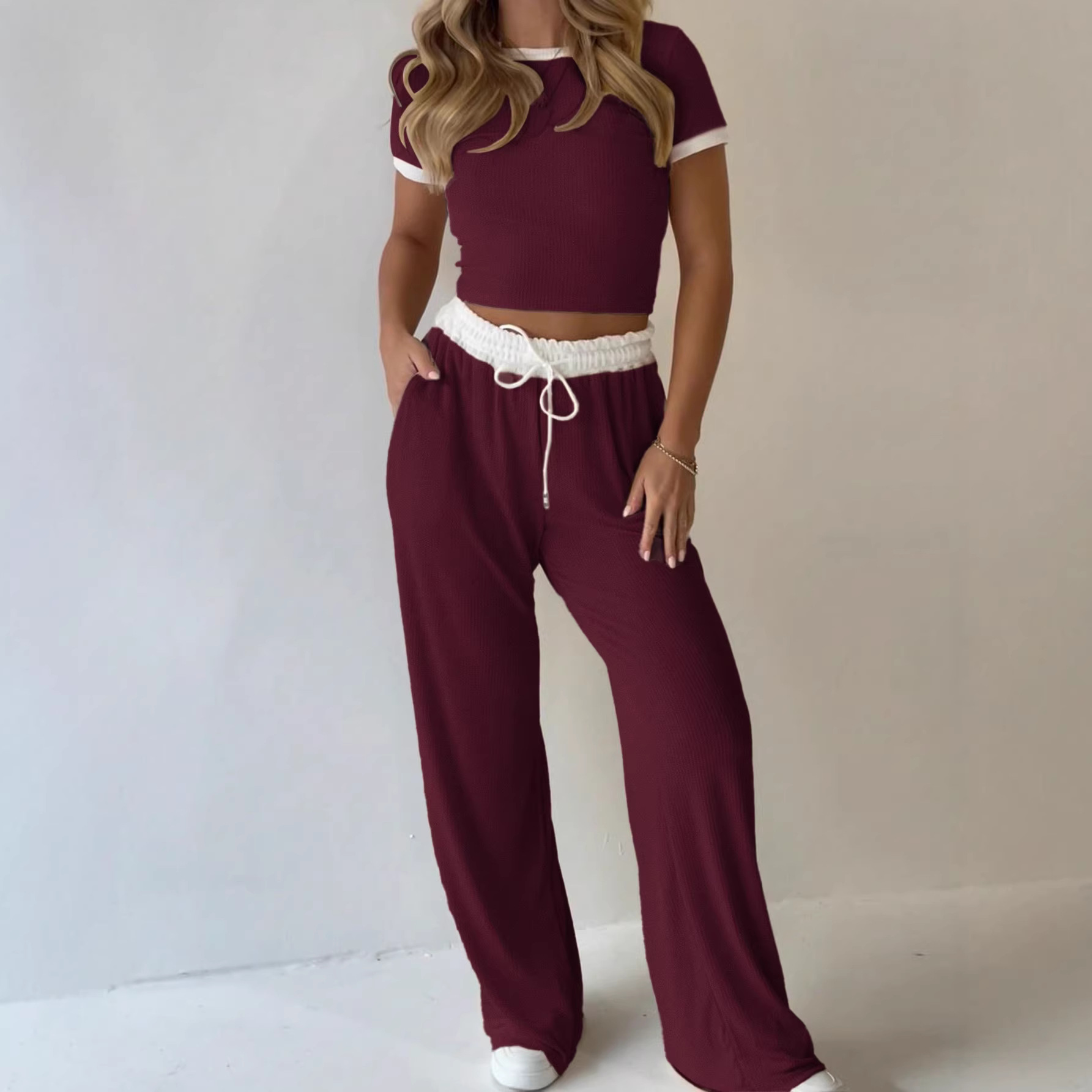 Women's Short Sleeve Wide Leg Two Piece Pants Set Casual Solid Color