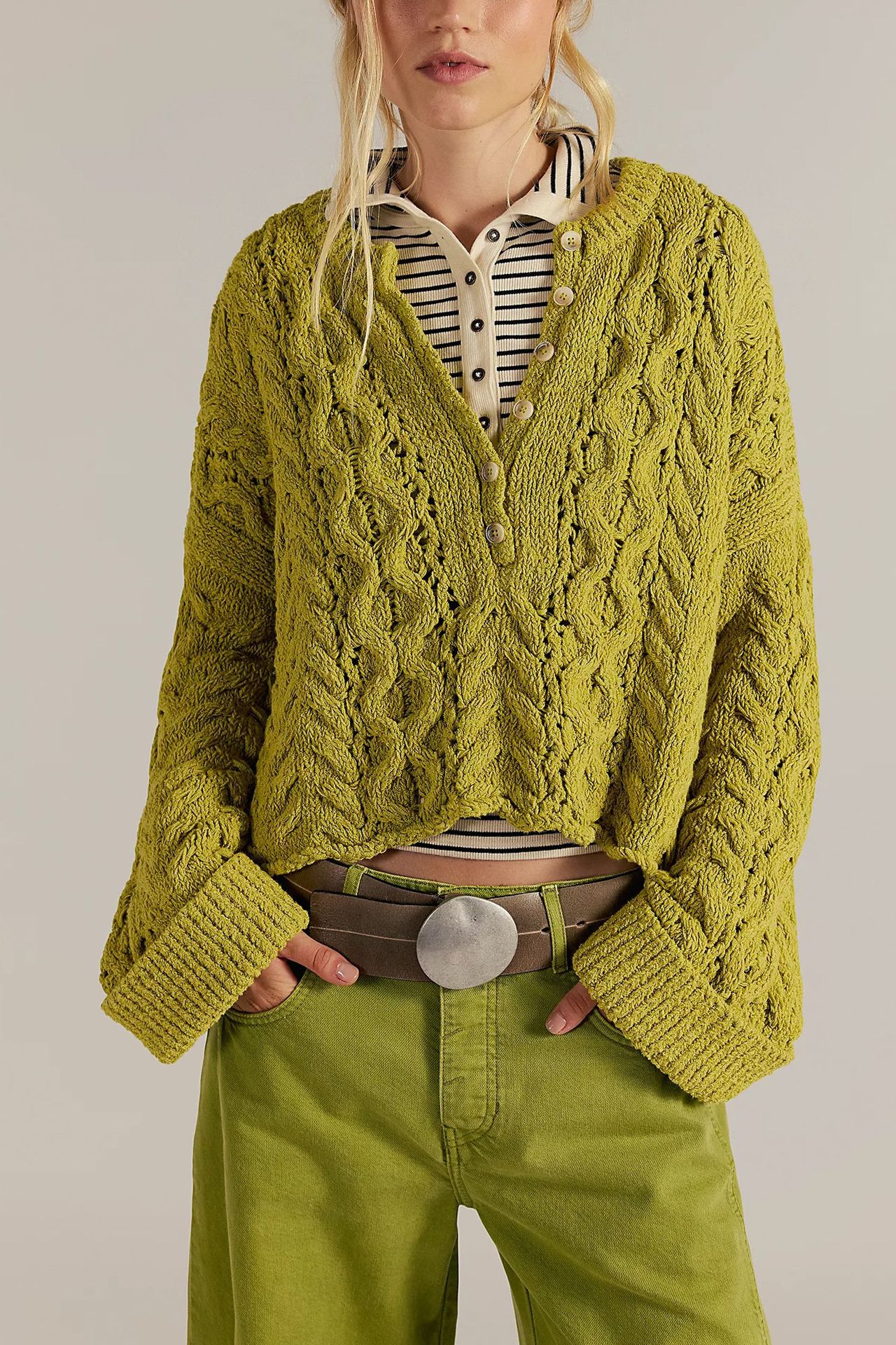 Cable-Knit Button-Trim Pullover Sweater