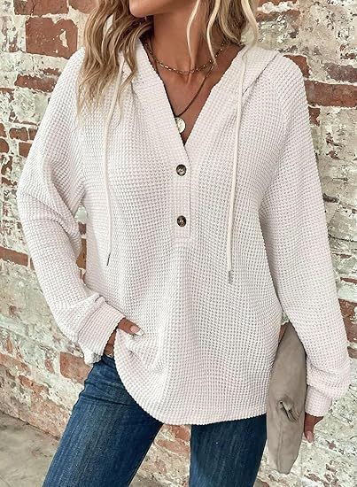 Women's Waffle Knit Drawstring Button V-Neck Hooded Sweatshirt