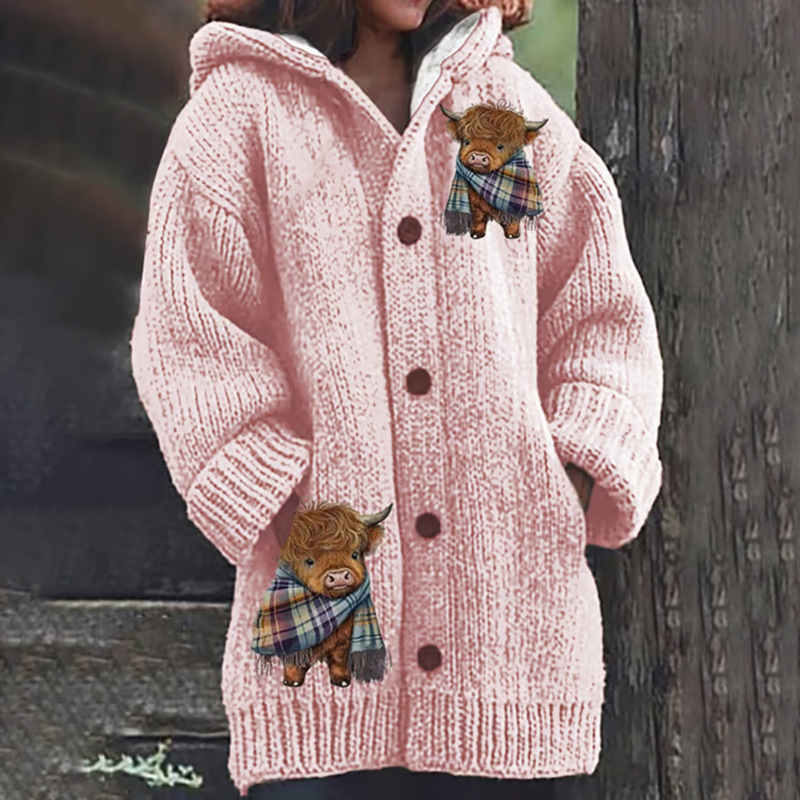 Women's Vintage Animal Print Hooded Button Cardigan