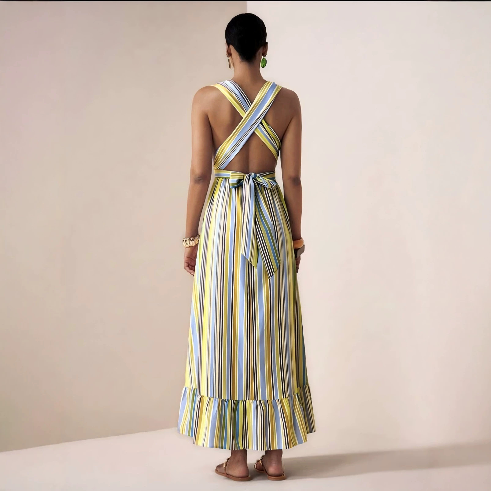 Striped Sleeveless V-Neck A-Line Midi Dress