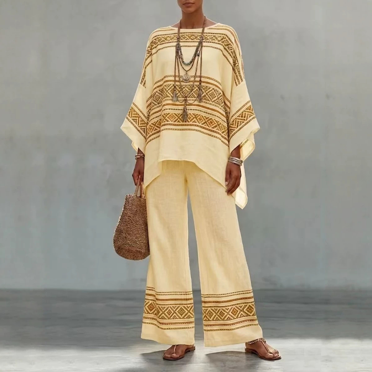 Bohemian Print Batwing Sleeve Two-Piece Set