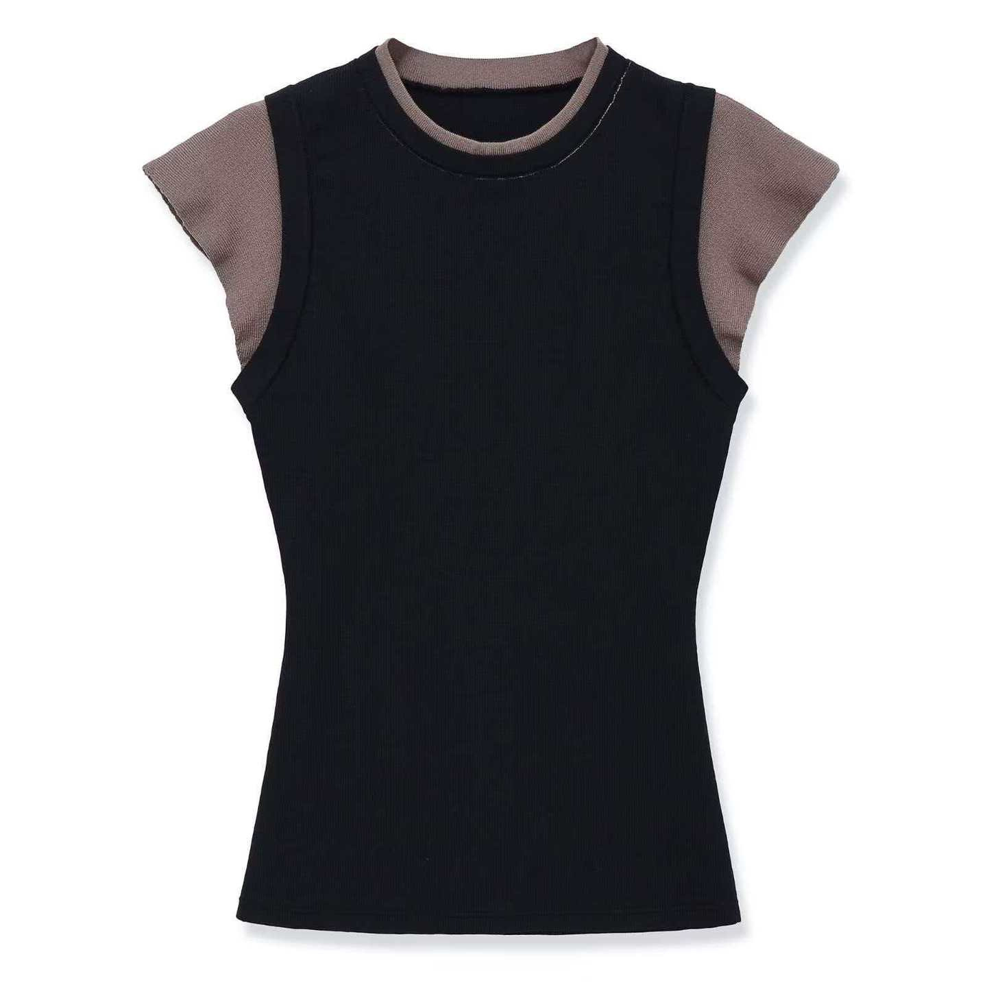 Retro Color-Block Knit Top with Flutter Sleeves