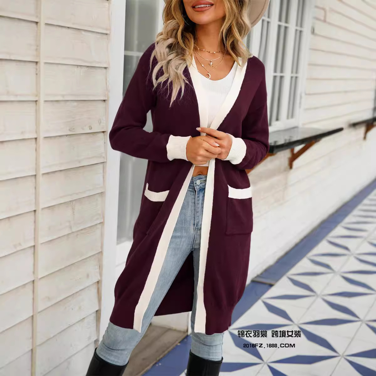 Long Open-Front Cardigan Sweater, Plus Size, Color-Block Knit