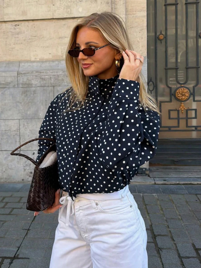 Polka Dot Long Sleeve Loose Fit Zip Jacket with Pockets