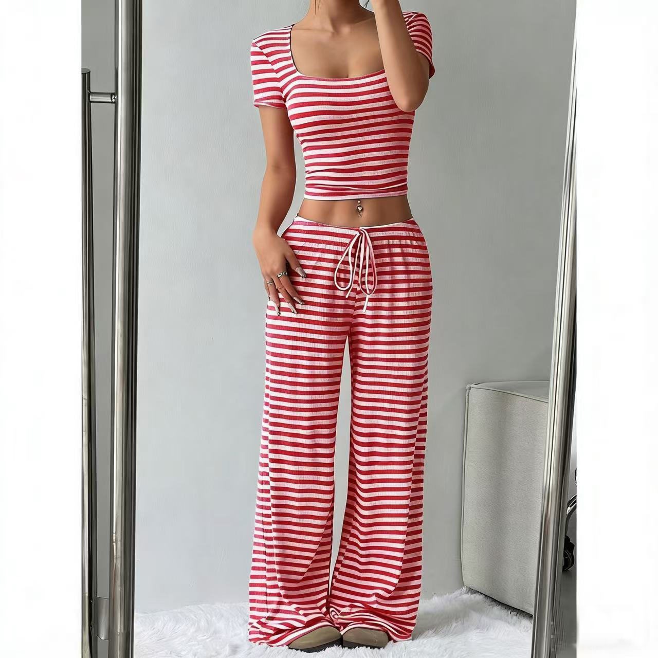 Striped High-Waist Wide-Leg Pants Set for Women