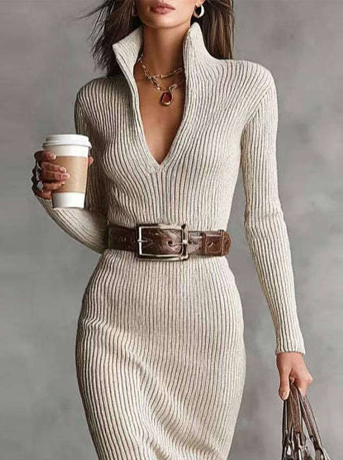Slim Fit Belted Midi Knit Bodycon Dress with Deep V-Neck Long Sleeves