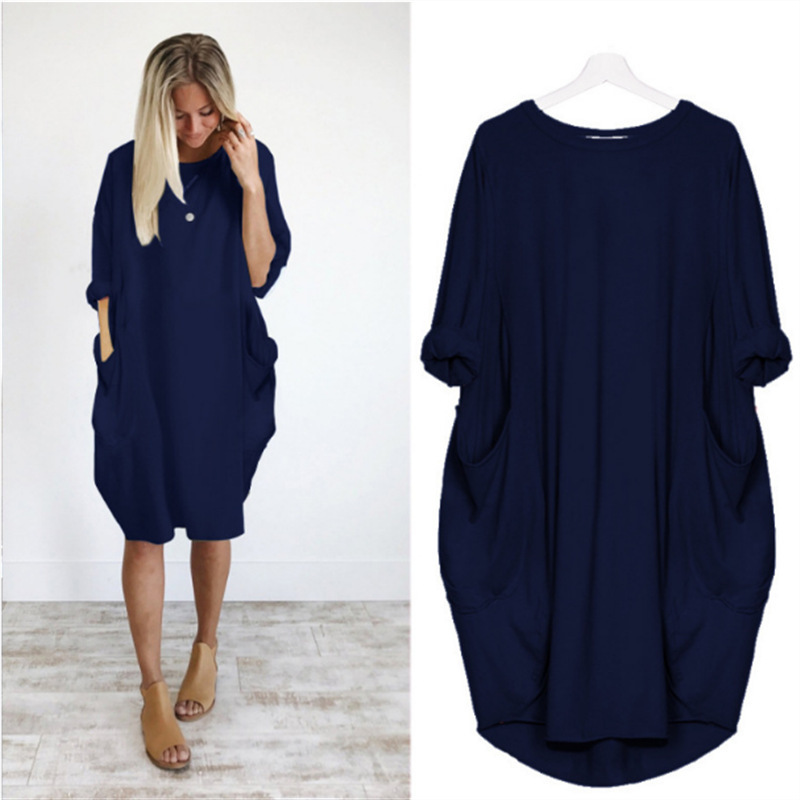 Women's Casual Loose Pocket Long Sleeve Plus Size Dress