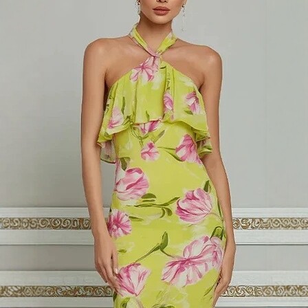 Halter Neck Floral Ruffle Maxi Dress Slimming Asymmetric Vacation Dress