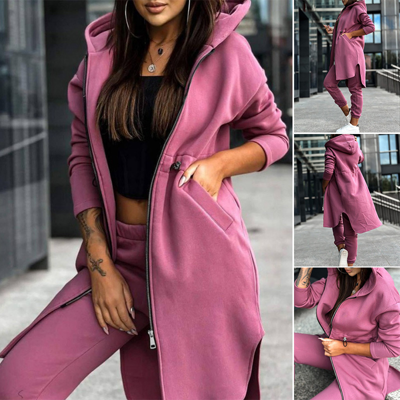 Women's Solid Color Long Sleeve Hooded Sweatshirt Set