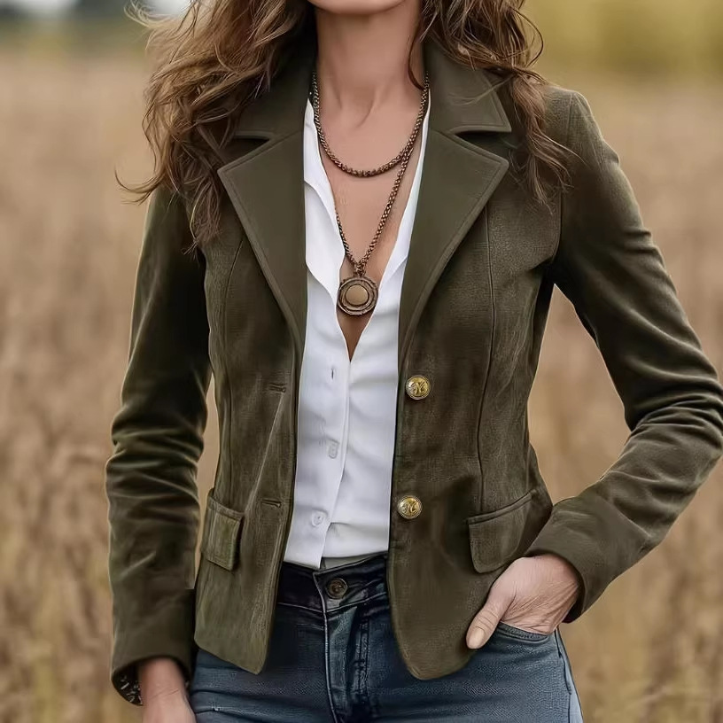 Women's Vintage Ranch Style Solid Short Jacket with Lapel Collar and Metal Buttons Slim Fit