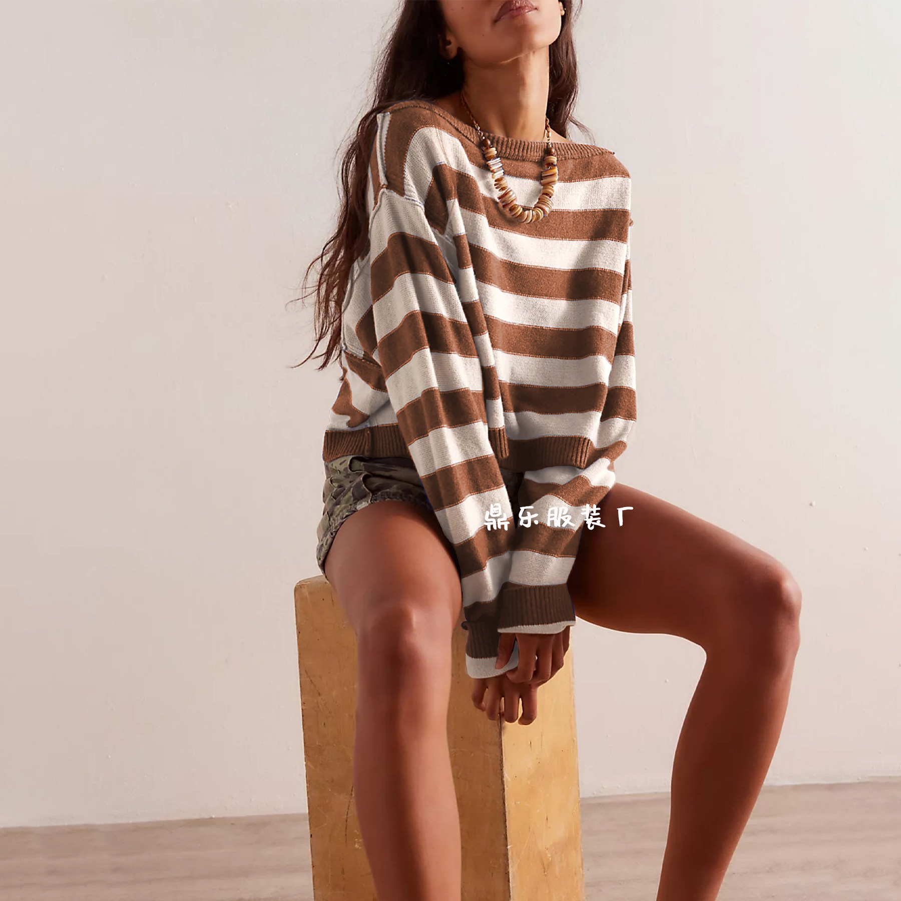 Striped Cropped Knit Sweater Off-Shoulder Bell Sleeve Loose Fit