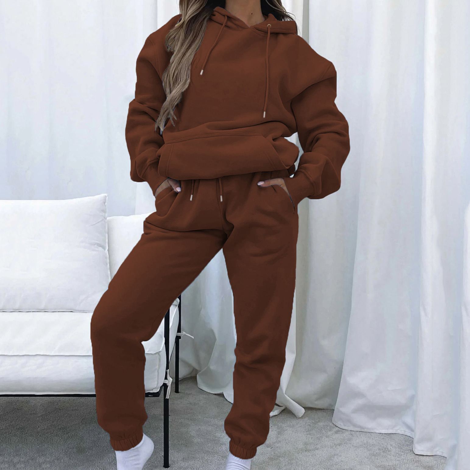 Women's Solid Hooded Long Sleeve Sweatshirt and Pants Set with Pockets