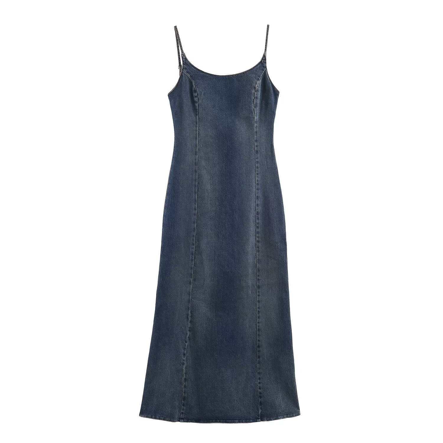 Women's Vintage Washed Denim Cami Dress High Waist Midi