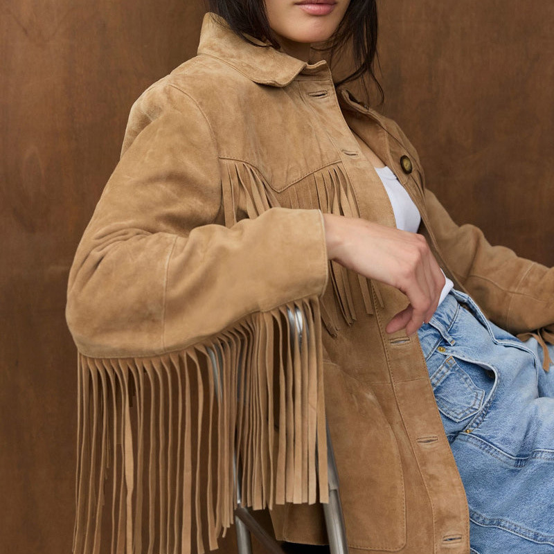 Faux Suede Fringe Trim Button Long Sleeve Collared Jacket