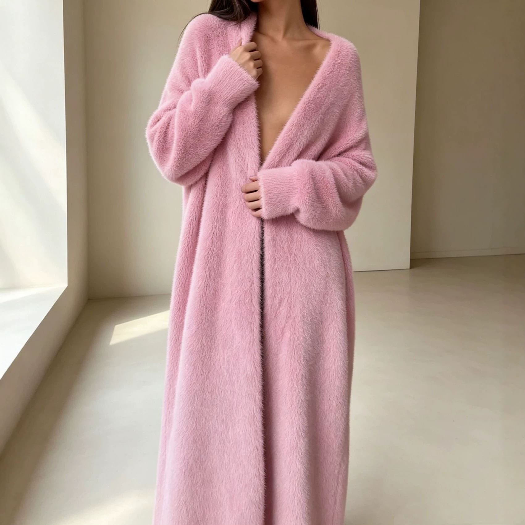 Women's Long Over-Knee Cardigan Sweater Loose Faux Mink Coat