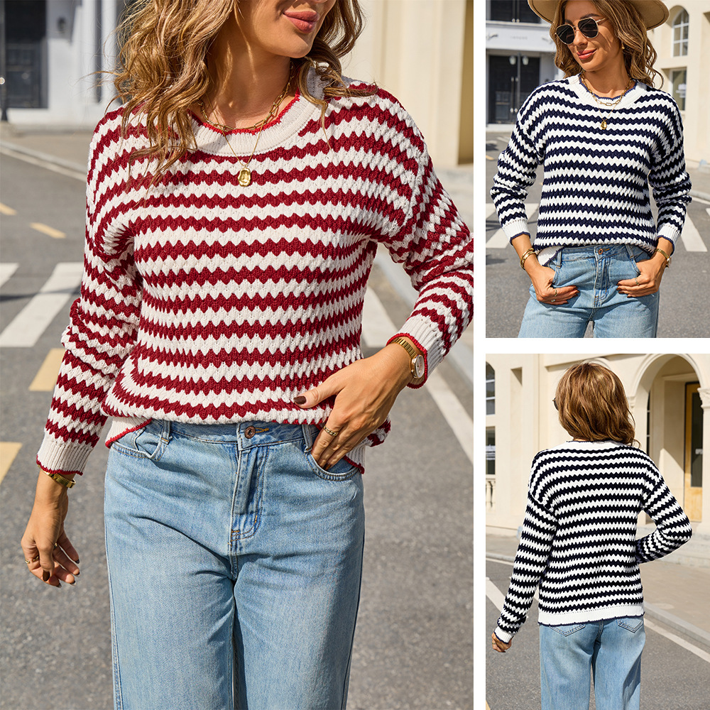 Striped Knit Sweater with Wave Neckline Long Sleeve Slim Fit