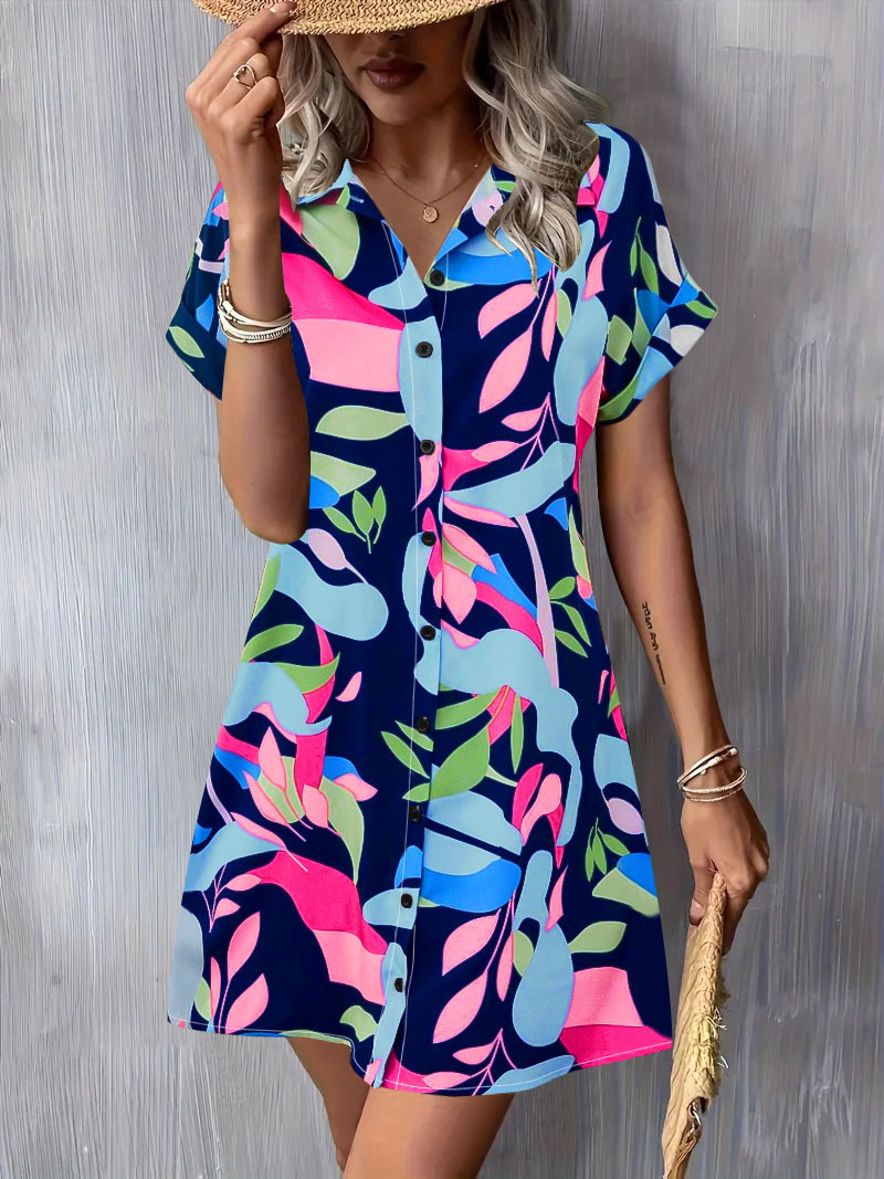 Women's Short Sleeve Printed Button Shirt Dress