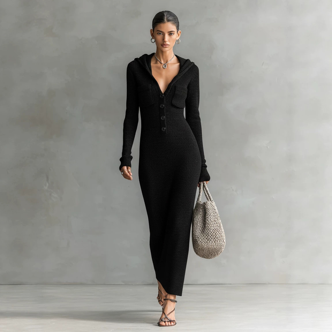 Women's Slimming Half-Open Collar Hooded Knit Sweater Dress