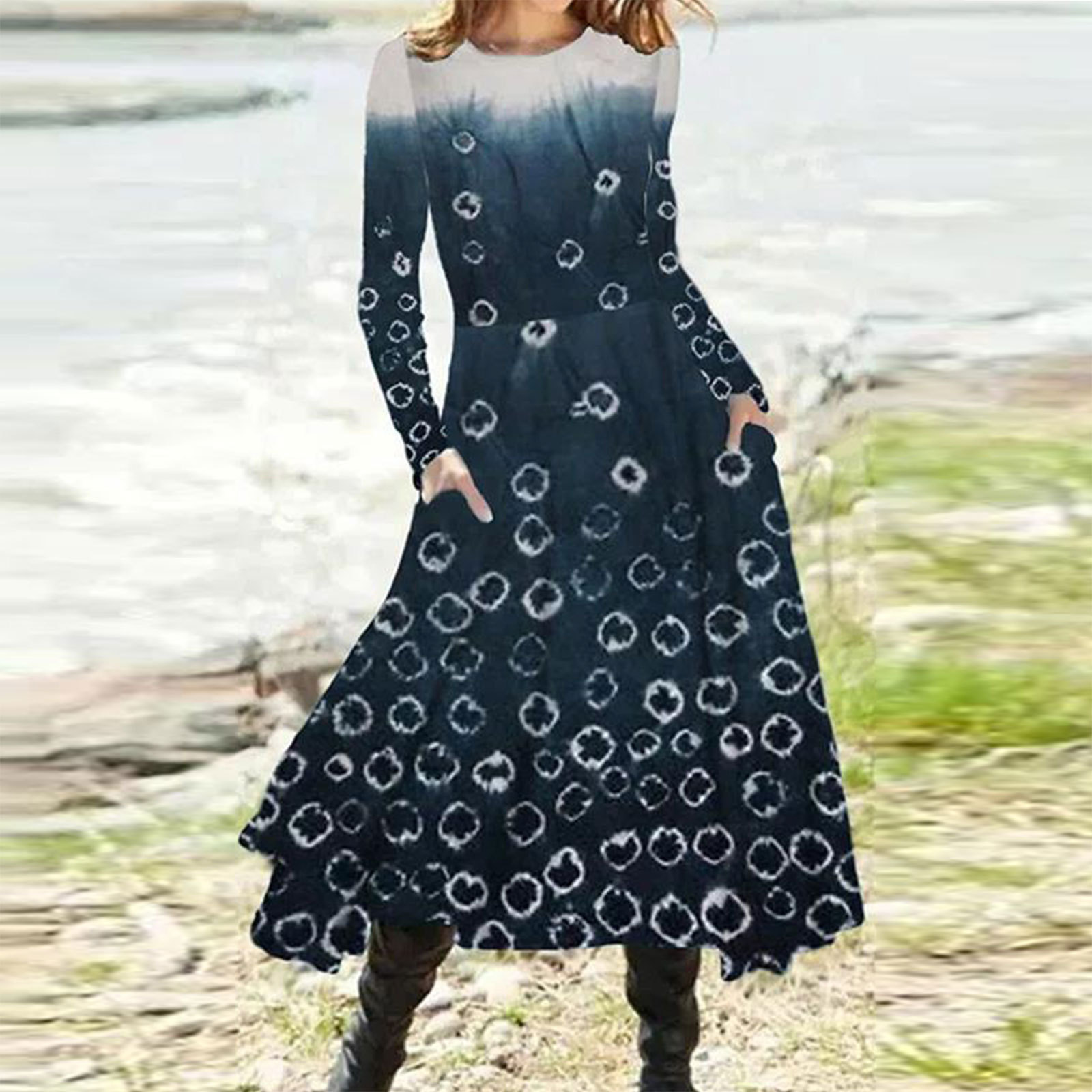 Gradient Print Long Sleeve Midi Dress with Pockets