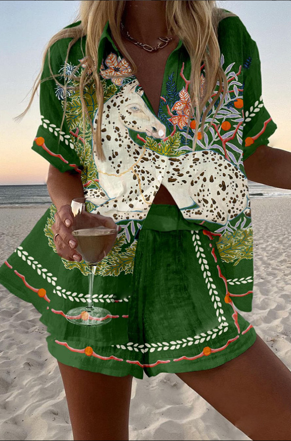 Women's Animal Print Short Sleeve Collared Top Set