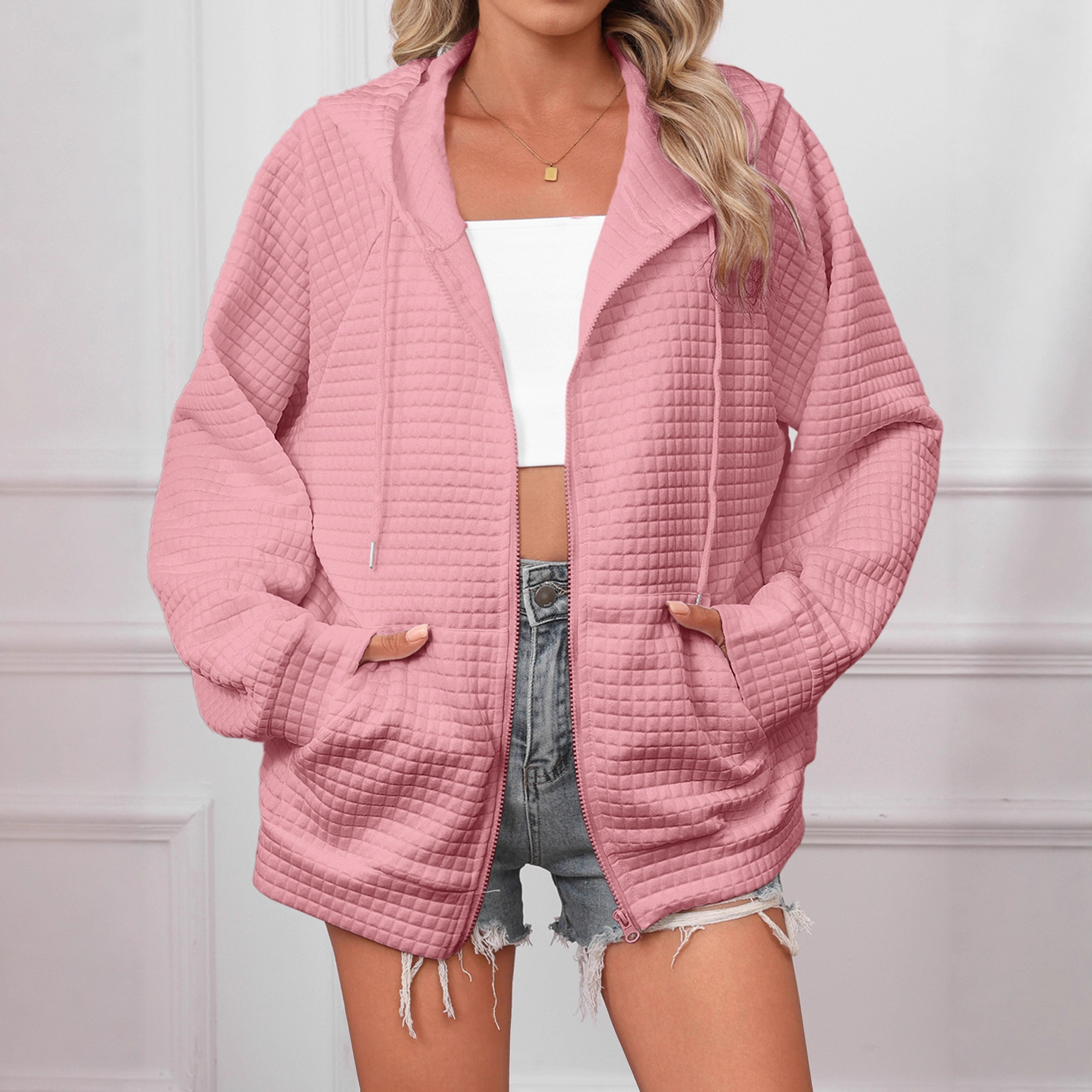 Waffle Knit Hooded Drawstring Zip-Up Jacket for Women