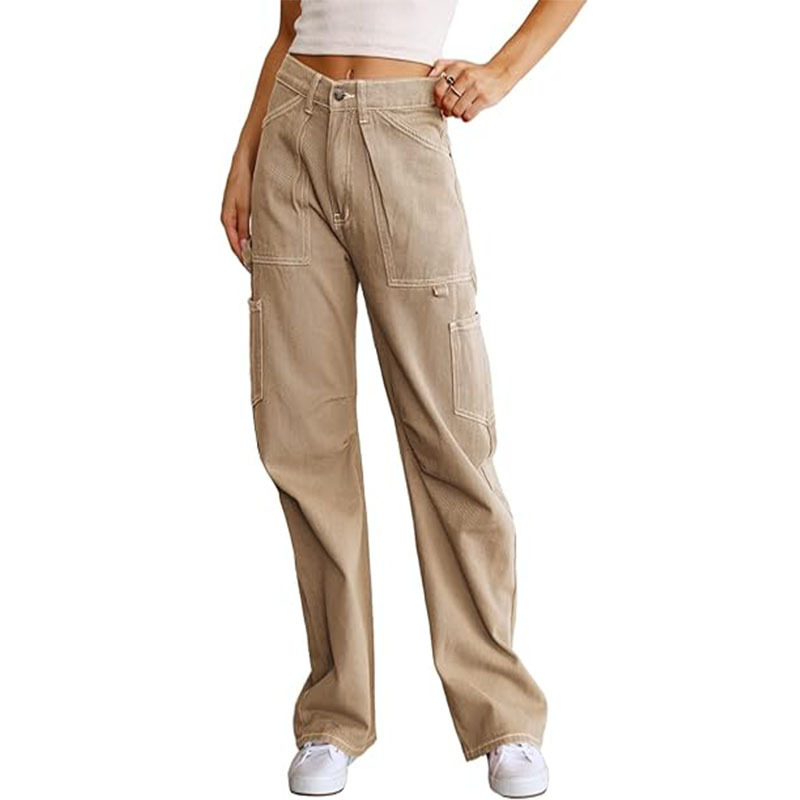 Women's High-Waist Straight-Leg Cargo Pants with Six Pockets