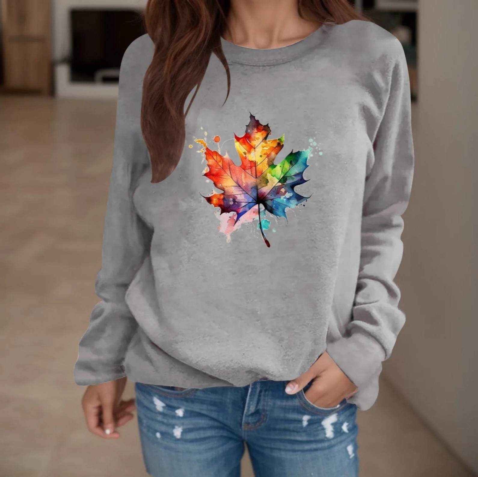 Women's Colorful Maple Leaf Print Crewneck Sweatshirt