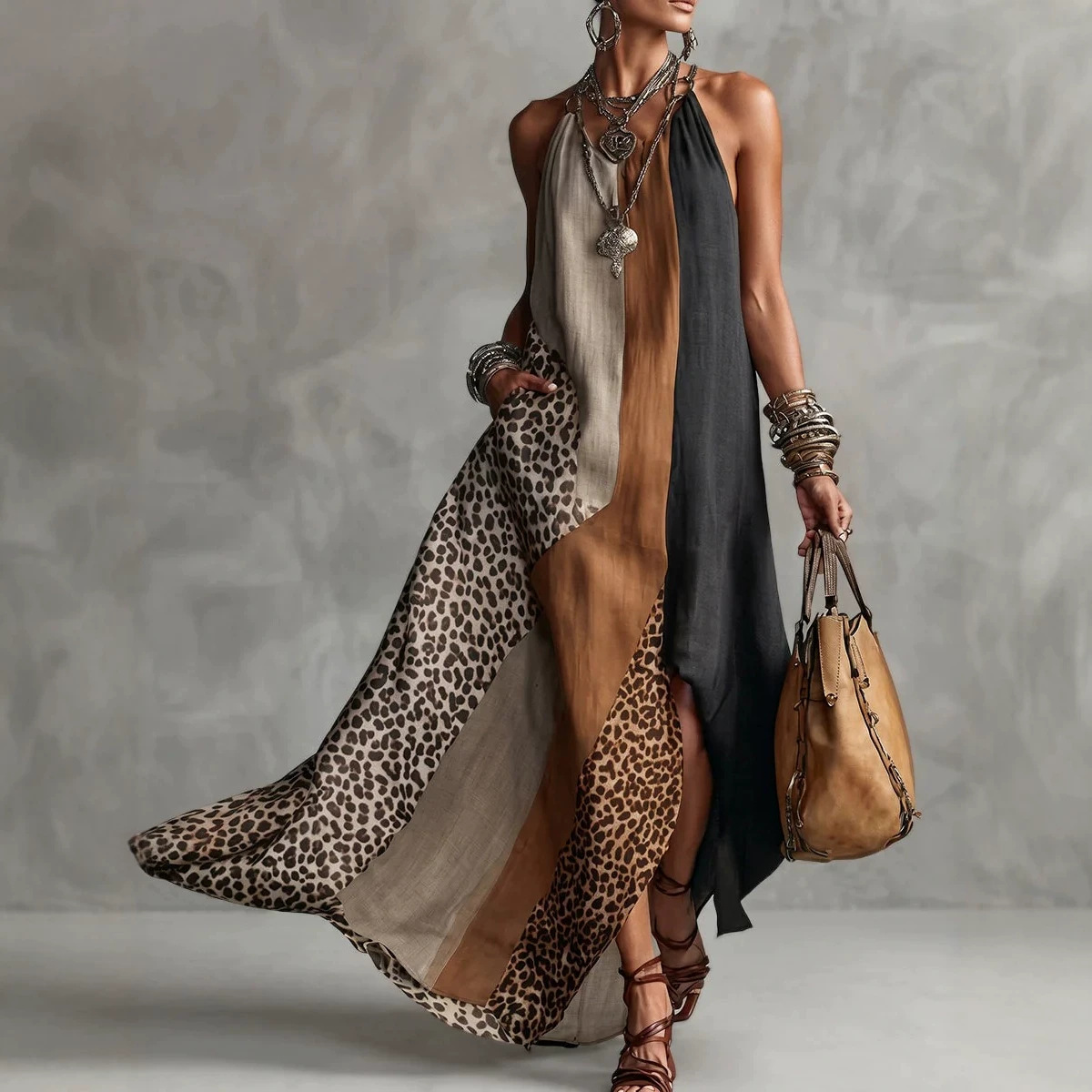 Bohemian Leopard Colorblock Halter Sleeveless Slit Flowy Maxi Dress