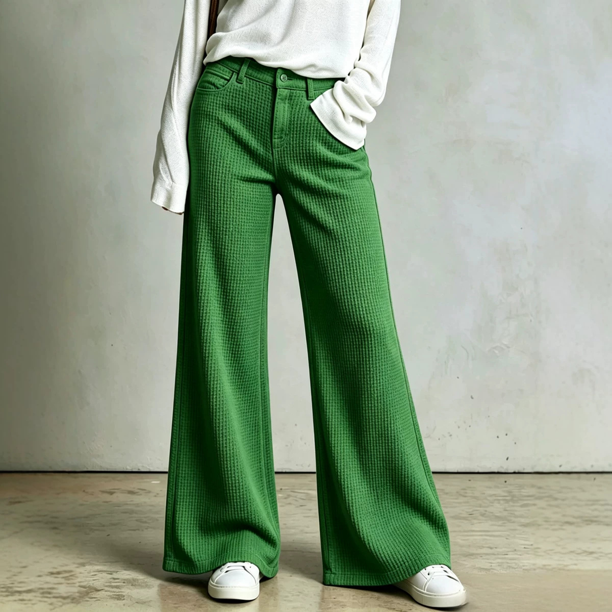 Waffle Knit High-Waist Straight-Leg Pants