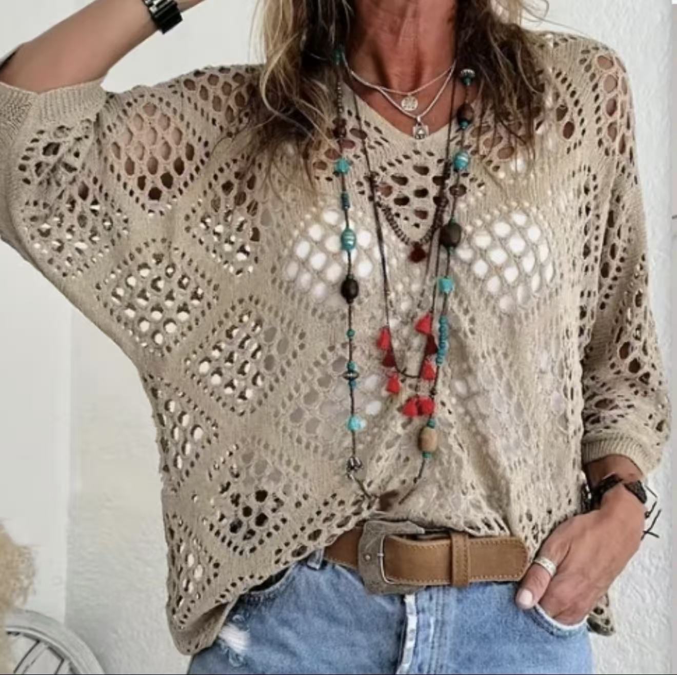 V-Neck Diamond Openwork Batwing Sleeve Knit Sweater Top
