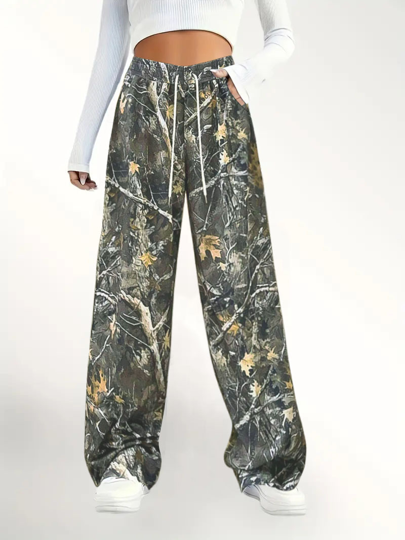 Women's Camo Print Wide-Leg Pants Elastic Waist Casual