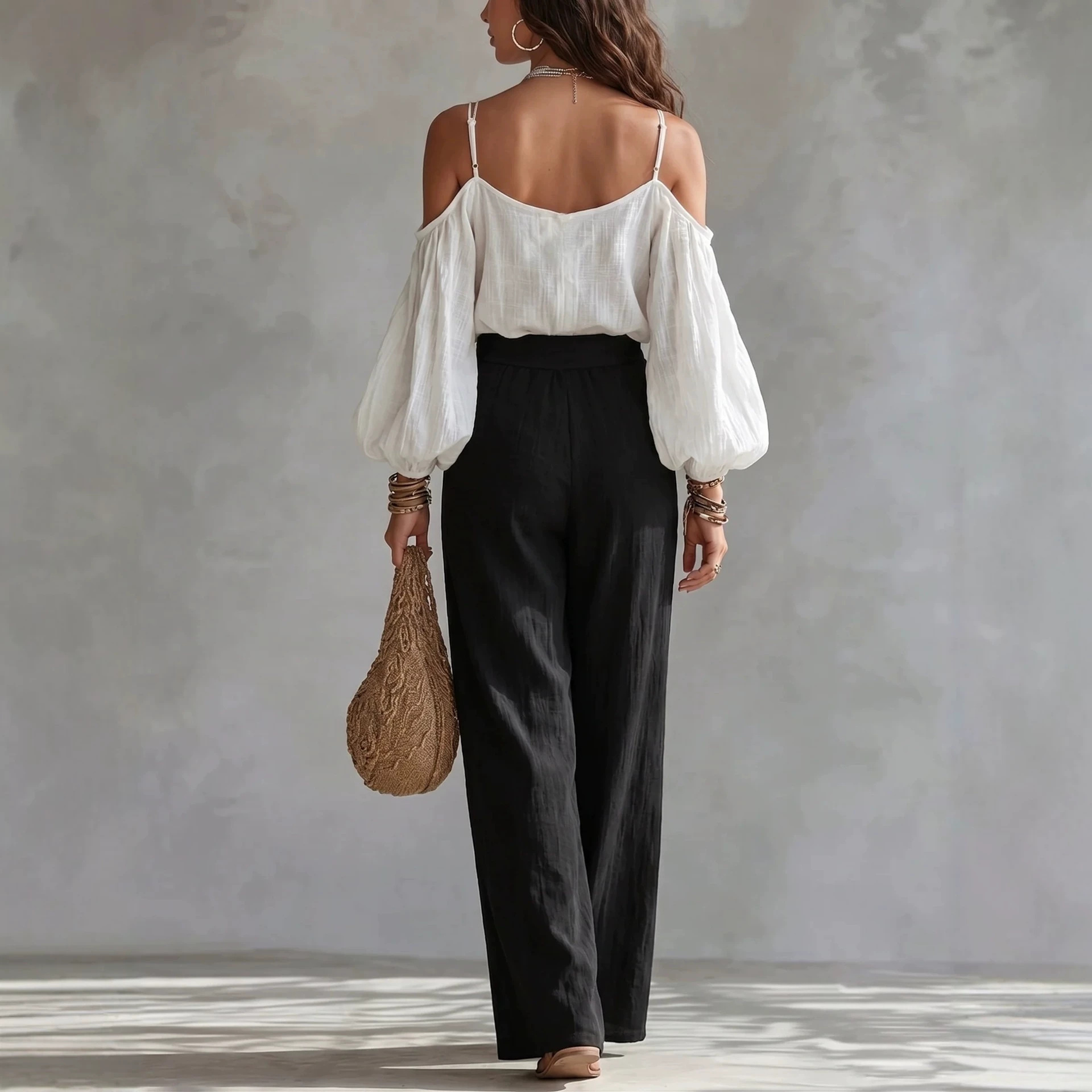 Off-Shoulder Cami Bubble-Sleeve Top & Wide-Leg Pants Two-Piece Set