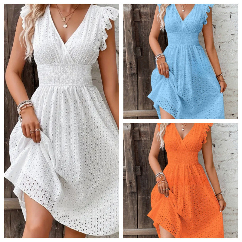 Women's Midi Dress Jacquard Hollow-Out V-Neck Slimming Plus Size Solid Color