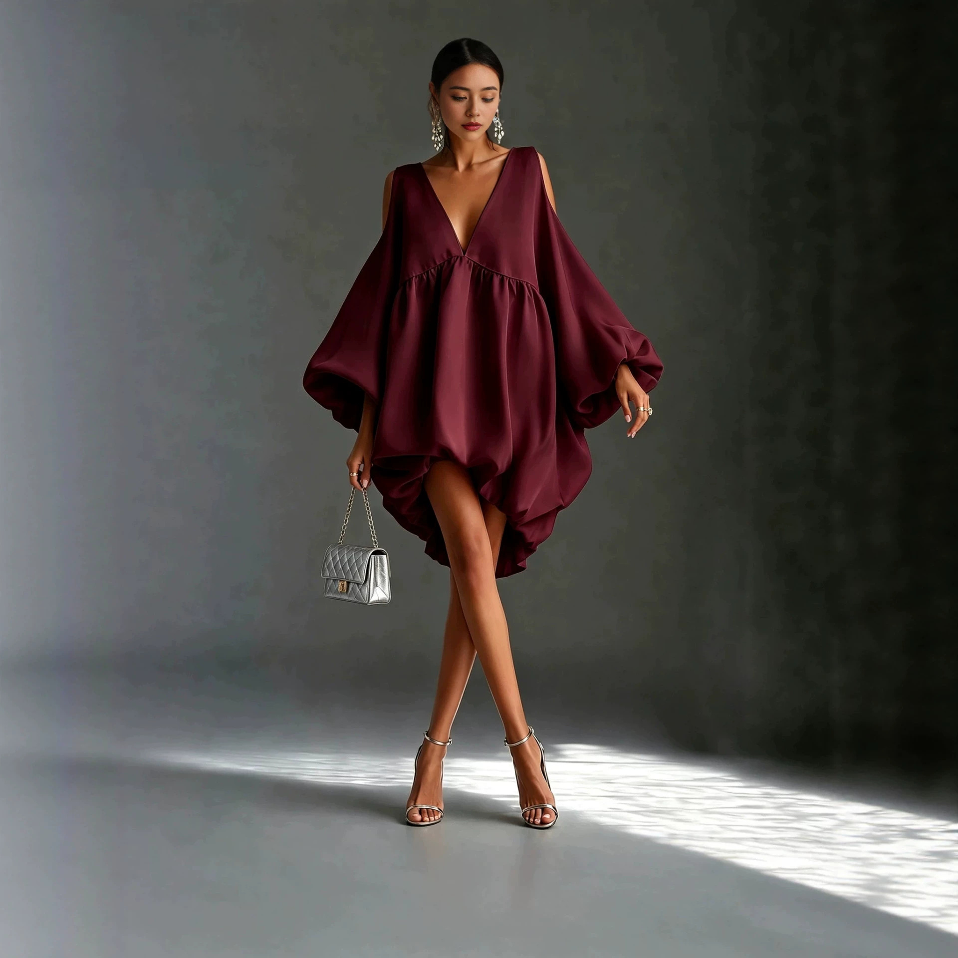 Deep V Off-Shoulder Lantern Sleeve Loose Babydoll Dress Asymmetrical